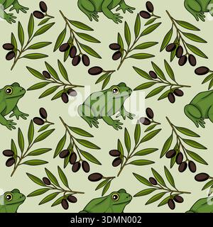 Seamless vector pattern of green frogs and dark olive branches with ripe olives on a light green background. Stock Vector