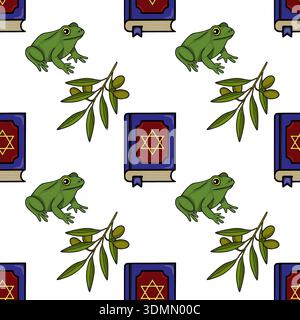 Seamless vector pattern of green frogs, olive branches, and books with Star of David Stock Vector