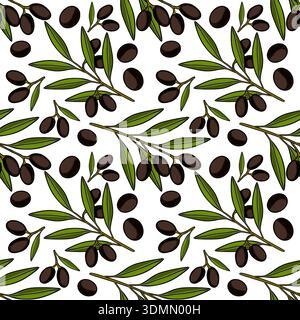 Seamless vector pattern of ripe black olives on branches with green leaves, isolated on white background. Stock Vector