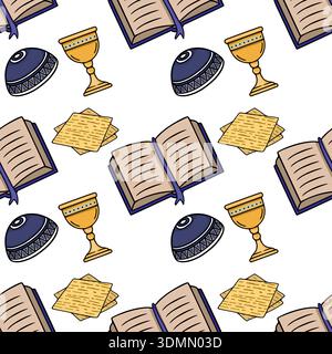 Seamless vector pattern of Passover Seder symbols: matzah, Kiddush cup, and Haggadah Stock Vector