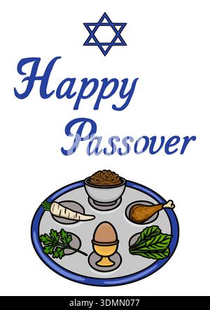 Happy Passover vector poster with traditional Seder plate elements and Star of David Stock Vector