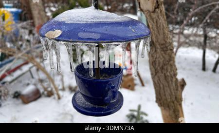 Dierhagen Ost, Deutschland 06. Februar 2026: Im Bild: Eine blaue Futterstelle für Vögel hängt an einem Baum und ist nach Eisregen von einer geschlossenen Eisschicht überzogen, an deren Rand sich Eiszapfen gebildet haben. Die winterliche Wetterlage zeigt die Auswirkungen von Glatteis im Ortsteil Dierhagen Ost an der Ostsee im Landkreis Rostock. Mecklenburg Vorpommern *** Dierhagen Ost, Germany 06 February 2026 In the picture A blue feeding station for birds hangs on a tree and is covered by a closed layer of ice after freezing rain, with icicles forming on the edge The winter weather situation Stock Photo