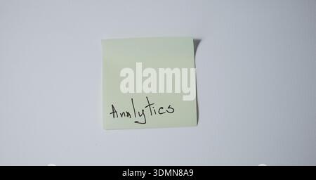 "Analytics" Handwritten on Green Sticky Note — Data Analysis and Business Intelligence Concept Stock Photo