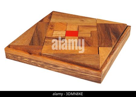 Wooden brain teaser isolated on white background Stock Photo