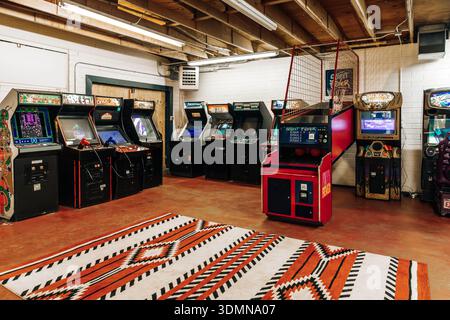 Tombstone, Arizona - January 16, 2026: Old school style indoor arcade with many games from the 1980s Stock Photo