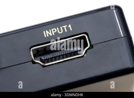 HDMI Input 1 port female connector macro, extreme closeup on a generic black electronic device. Simple digital video interface hdmi socket, high defin Stock Photo