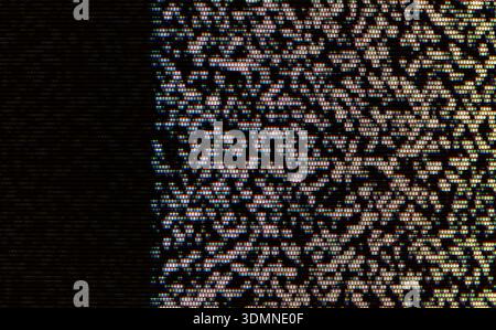 Classic two sided wide CRT glitch white noise static with RGB pixel snow, split screen dark scanlines backdrop texture, horror creepy scary abstract t Stock Photo