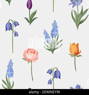 Vector seamless pattern with spring wild flowers and green leaves on a light background. Botanical design for fabric, packaging, wallpaper and decor.  Stock Vector