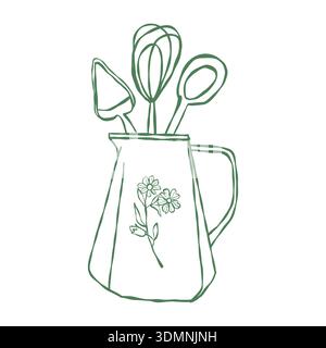 A pitcher with kitchen utensils. Vector green outline illustration. A teapot, a vase with a whisk, a spatula, and a spoon. Line drawing Stock Vector