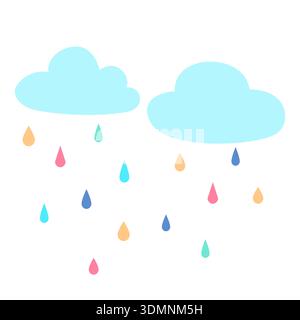 Cute vector clipart with soft clouds and colorful raindrops. Child friendly weather illustration for kids design, education and nursery decor. Stock Vector