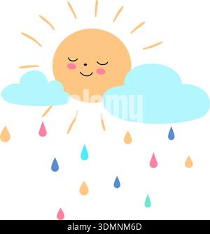 Cute vector clipart with smiling sun, clouds and colorful raindrops. Child friendly weather illustration for kids design, education and nursery decor.  Stock Vector