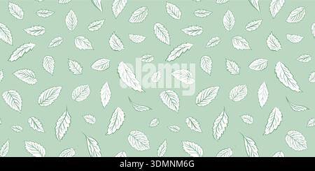 A horizontal seamless vector banner with white mint leaves outlined in green on a light green background. Suitable for herbal packaging, fabrics, wallpaper, branding, and eco-design. Stock Vector
