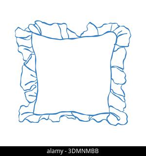 Vector outline illustration of a ruffled pillow. Pillow icon. Home decor element. Line art in blue. Romantic pillow Stock Vector