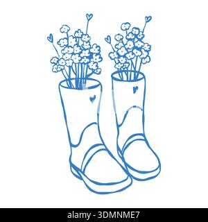 Vector illustration of rubber garden boots filled with wildflowers from a meadow. Vector outline clip art in blue. Romantic icon. Stock Vector