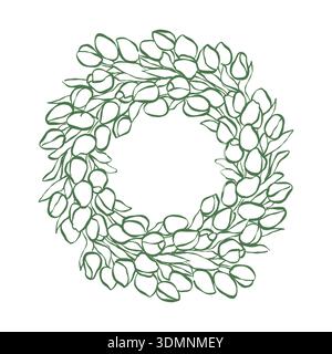 Decorative round tulip wreath on a white background. Vector outline illustration. Tulip frame. Green floral wreath. For Easter, spring holidays, Mothers Day. Stock Vector