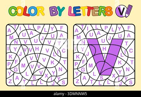 Color by letter V coloring page. Puzzle game for preschool education Stock Vector