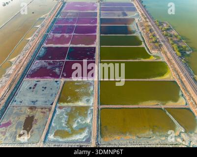 Aerial view of a geometric tapestry of salt pans displaying a spectrum of colors from deep reds to vibrant greens, Sambhar, Rajasthan, India. Stock Photo