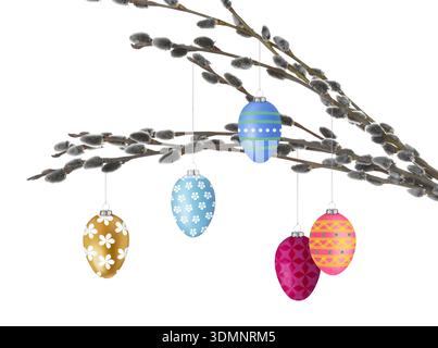 Easter eggs hanging from willow branches on white background Stock Photo