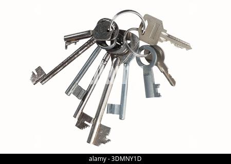 Bunch of keys on keyring isolated on white background Stock Photo