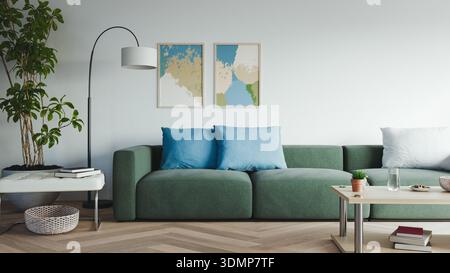 Modern Home Interior Design Green Sofa Blue Abstract Art. 3d rendering Stock Photo
