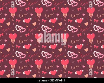 Seamless Valentines Day pattern with hearts, bows and love lettering on dark burgundy background. Vector festive holiday print  Stock Vector