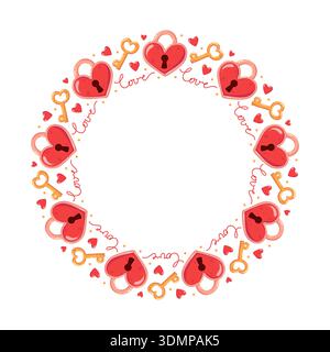 Cartoon round frame with red heart-shaped locks and golden keys, small hearts and handwritten love. Vector isolated illustration  Stock Vector