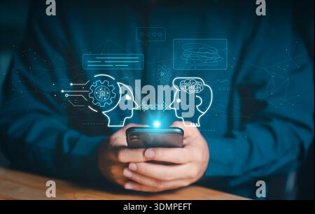 User interacting with AI chatbot on smartphone with digital holographic icons. Concept of human robot communication, virtual assistance, neural networ Stock Photo