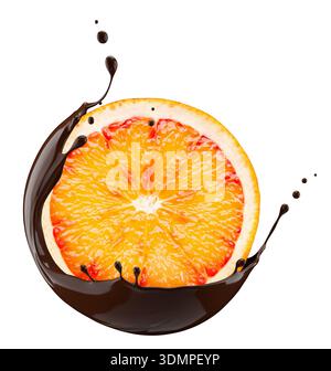 orange in chocolate splash, isolated on white background. Clipping path. Stock Photo
