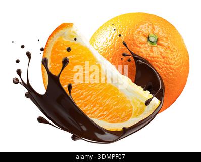 Orange fruit in chocolate splash isolated on white background. Clipping Path. Stock Photo