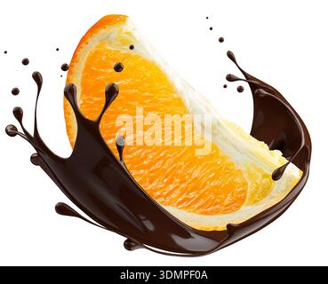 Orange fruit in chocolate splash isolated on white background with clipping path. Stock Photo