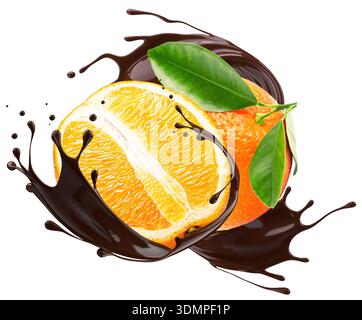 Orange fruit in chocolate splash isolated on white background with clipping path. Stock Photo