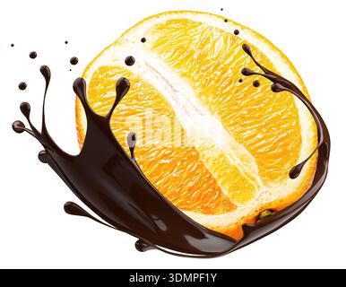 Orange fruit in chocolate splash isolated on white background with clipping path. Stock Photo