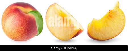 Peach fruit with leaf isolated on white background. Clipping Path. Stock Photo