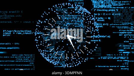 Pulsing stylized dotted digital globe projecting rotating clock hands over cyber code panels Stock Photo