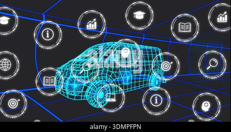 Displaying cyan wireframe vehicle in virtual stage, linking circular holographic icons Stock Photo