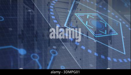 Displaying central server racks down data center aisle, with HUD overlays and LED lights Stock Photo