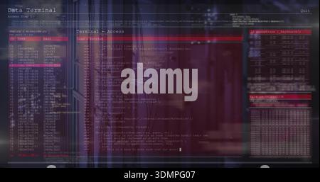 Displaying terminal interface showing central code editor pane in dim server room, with user table Stock Photo