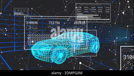 Rotating cyan wireframe sports car 3D model displaying HUD numeric readouts and grid in virtual lab Stock Photo