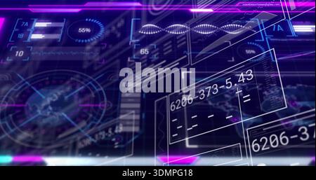 Displaying floating holographic panels showing numeric readouts in control hub, DNA helix Stock Photo
