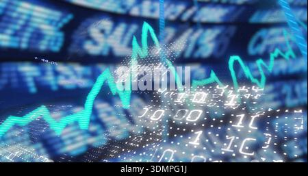 Displaying turquoise trend line streaming across trading screen, with dotted mesh and binary digits Stock Photo