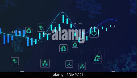 Displaying cyan candlestick bars and blue green trend line on dashboard, with energy icon tiles Stock Photo