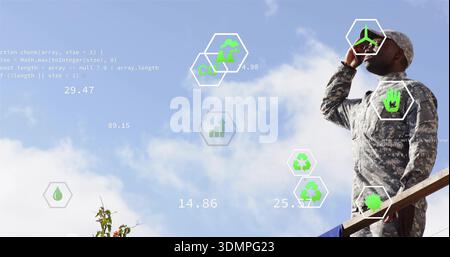 Shielding eyes, soldier in camo uniform looking upward on platform with AR HUD icons, copy space Stock Photo