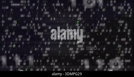 Streaming field of binary digits forming loose columns on dark virtual display, with green glyphs Stock Photo