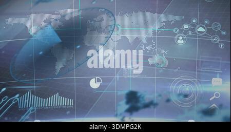 Displaying dotted world map and HUD overlays over virtual globe with radar, charts, network icons Stock Photo