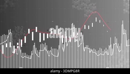 Displaying gray market chart on screen showing bars jagged line red trend candles dots grid Stock Photo