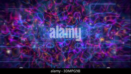 Pulsing neon ribbons radiating in virtual HUD, featuring glowing core, radial scale, particles Stock Photo