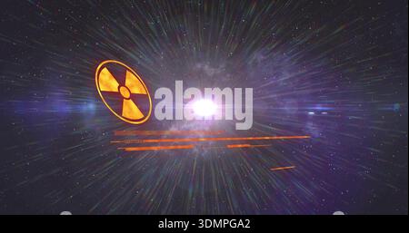 Glowing radioactive trefoil emblem floating left in deep space, showing orange HUD bars, copy space Stock Photo