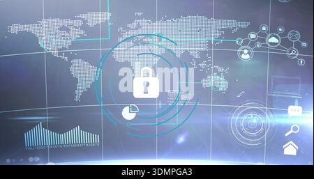 Displaying central white padlock pulsing over security panel, showing turquoise rings, dotted map Stock Photo