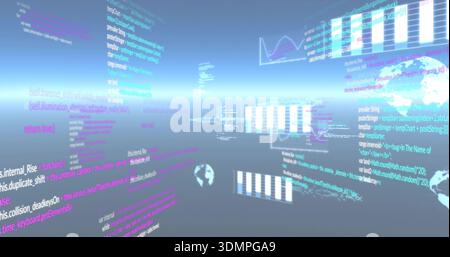 Floating holographic code panels receding toward horizon in VR room, showing globe icons and charts Stock Photo