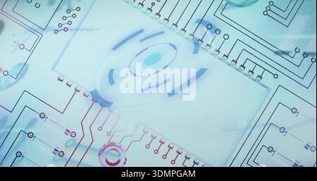 Displaying central translucent panel showing concentric rings and circuit traces in studio flatlay Stock Photo